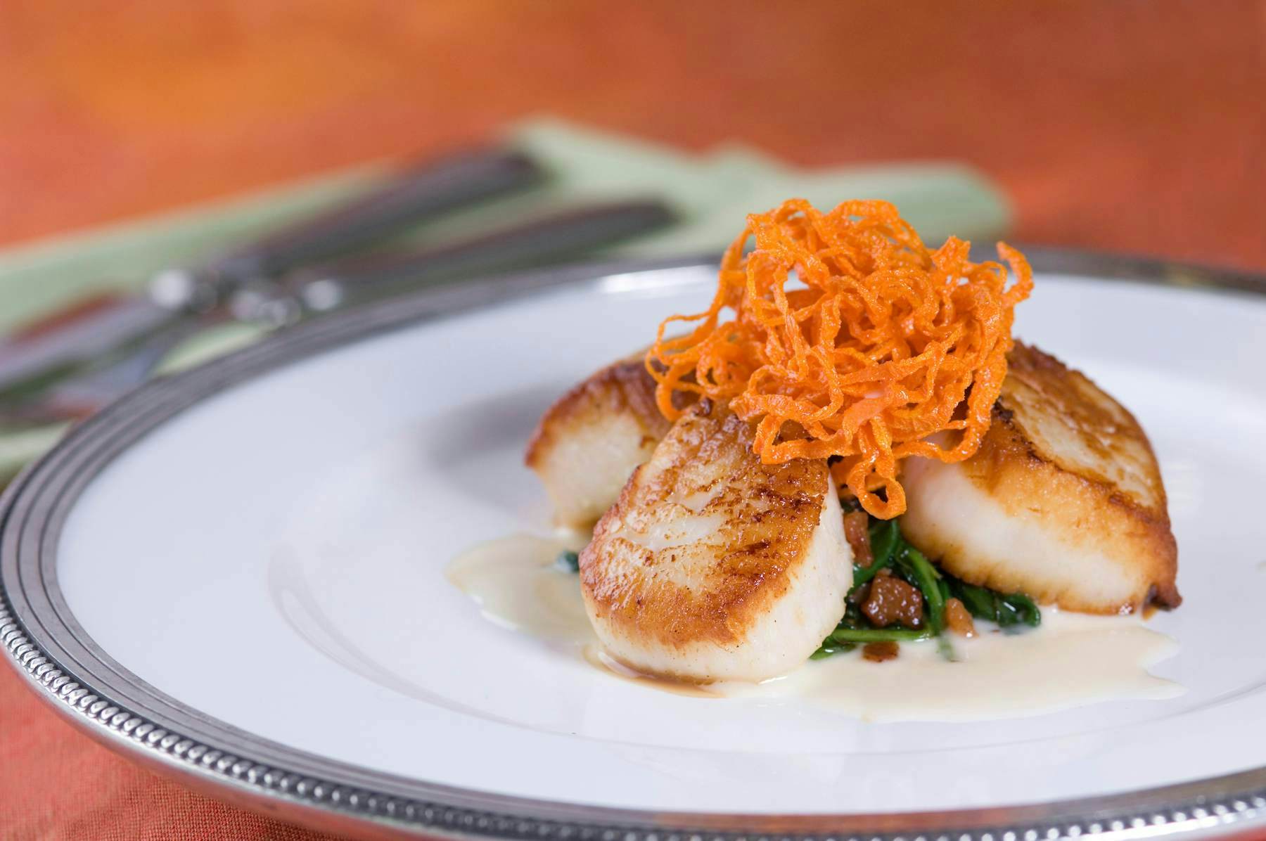 Sea Scallops with Frizzled Spinach, Carrots, and Citrus Beurre Blanc