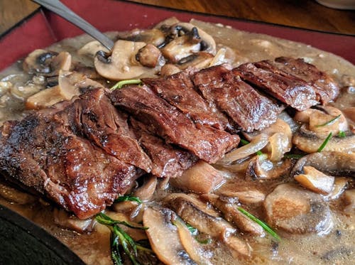 Skirt Steak with Caramelized Onions and Mushroom Sauce