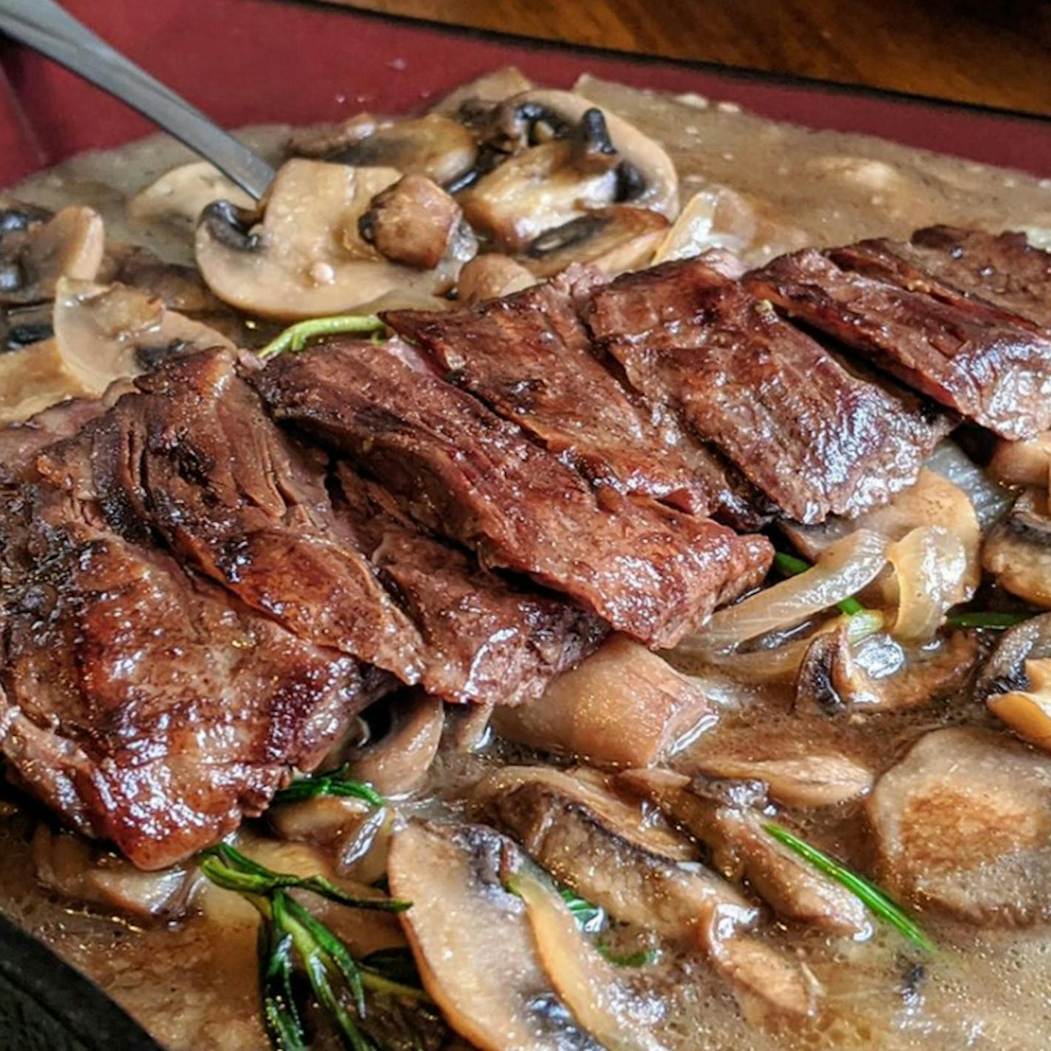 Skirt Steak with Caramelized Onions and Mushroom Sauce