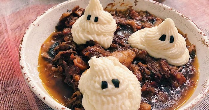 Short Rib Stew with Mashed Potato Ghosts