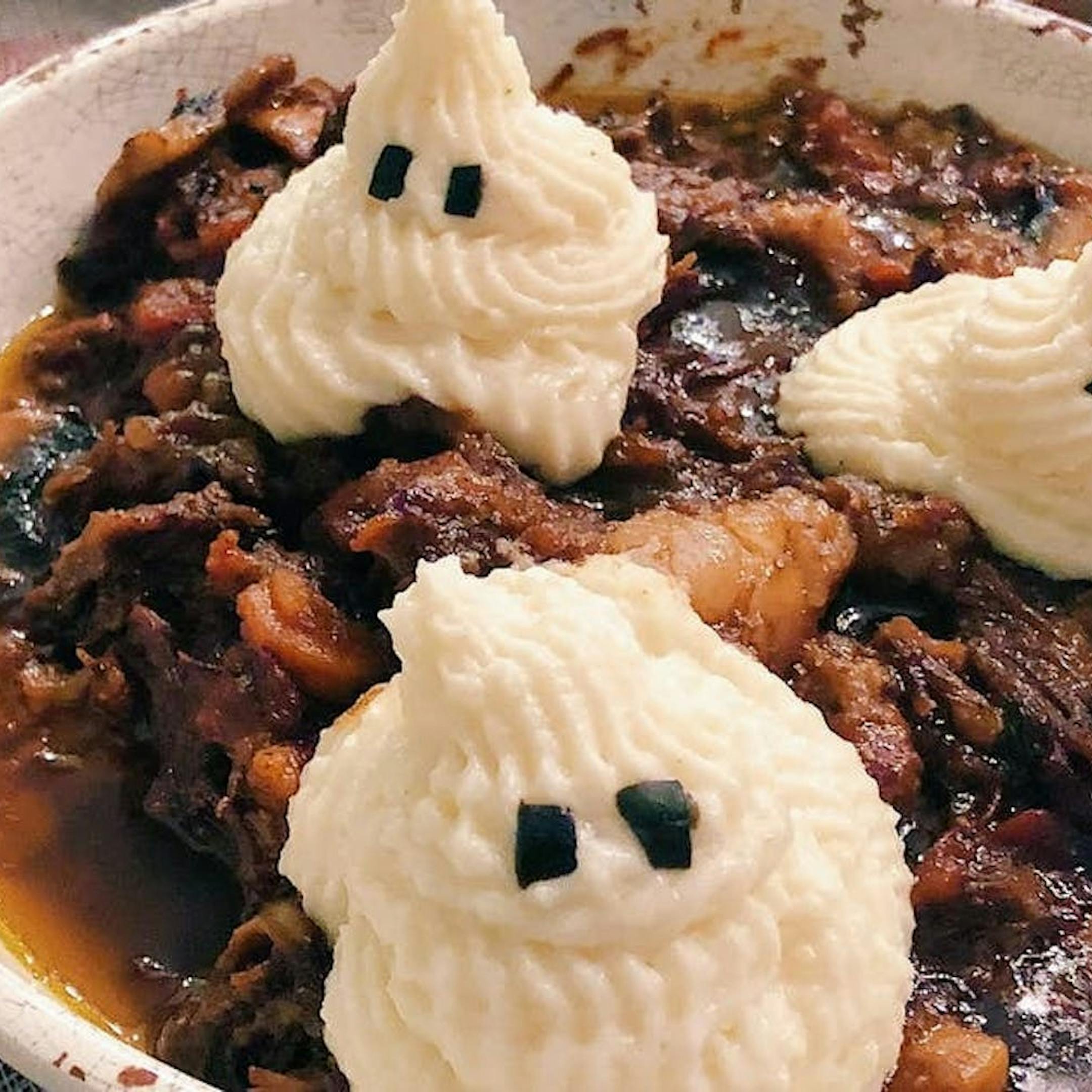 Short Rib Stew with Mashed Potato Ghosts