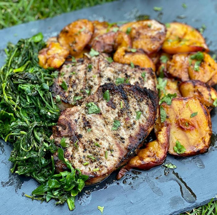 Pickle-Brined Pork Chops with Grilled Peaches & Sautéed Spinach 