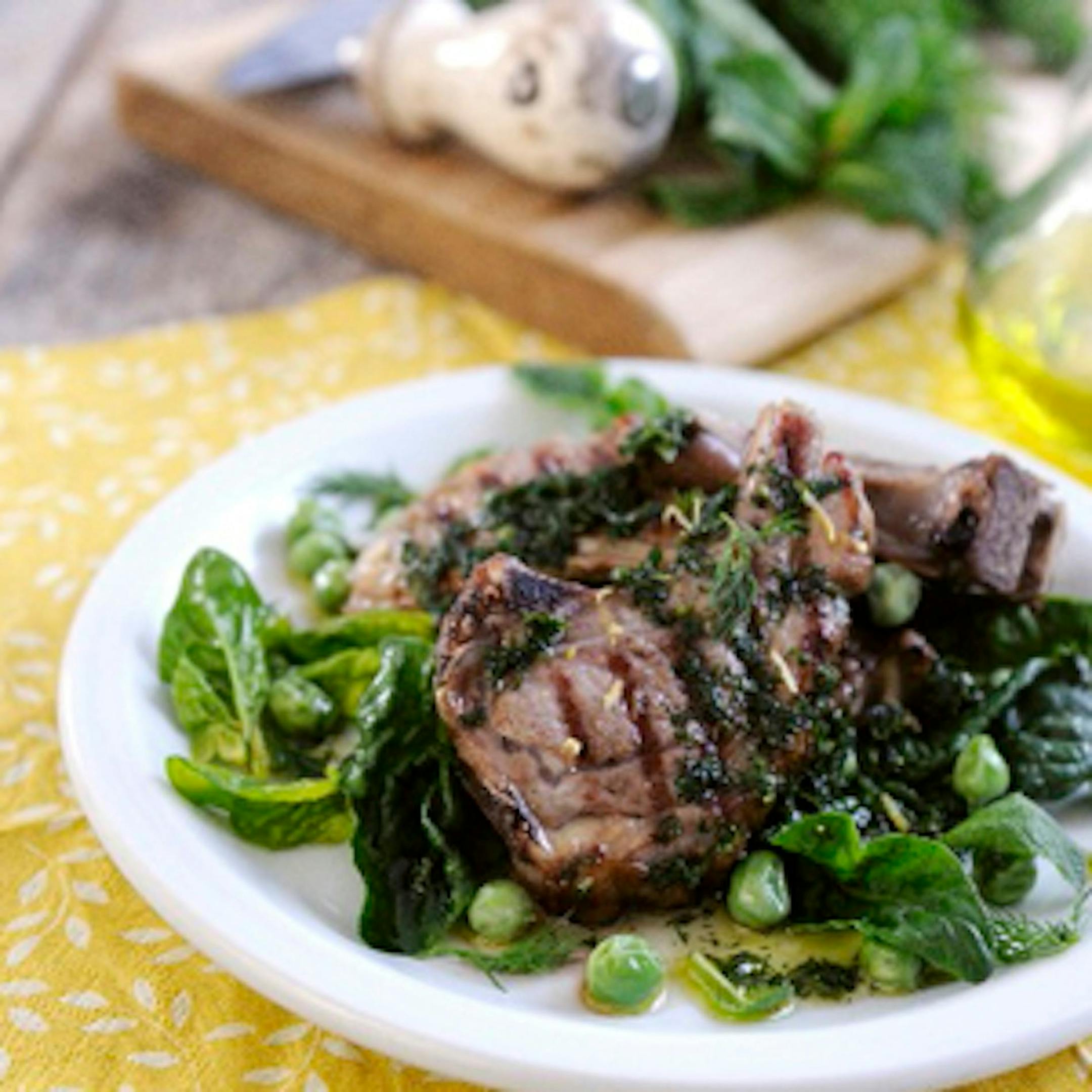 Grilled Chops with Spinach & Pea Salad