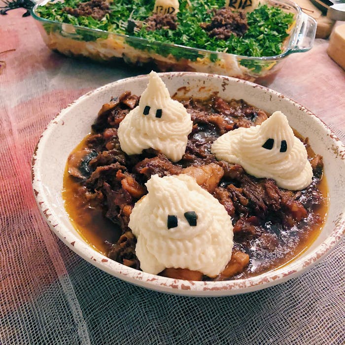 Short Rib Stew with Mashed Potato Ghosts