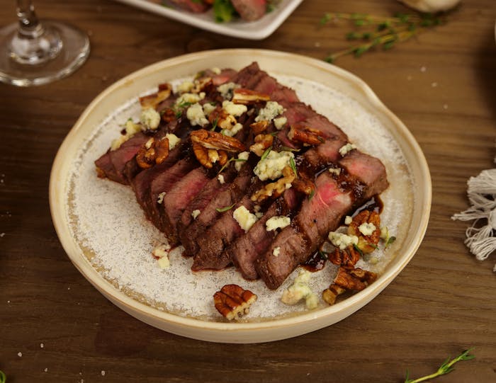 Maple and Balsamic Shoulder Steak with Blue Cheese & Pecan Confetti