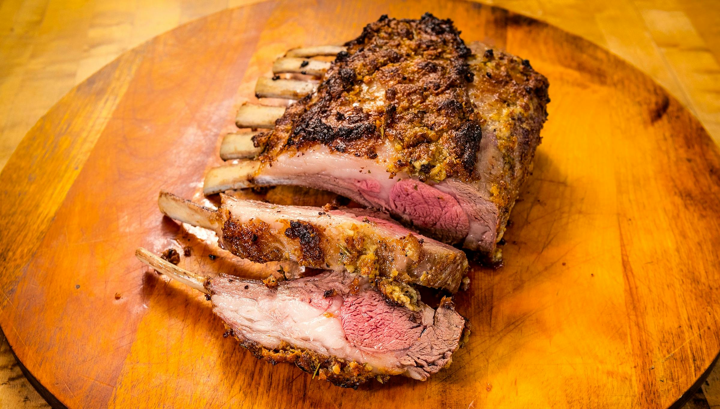 Mustard-Herbed Rubbed Frenched Rack of Lamb
